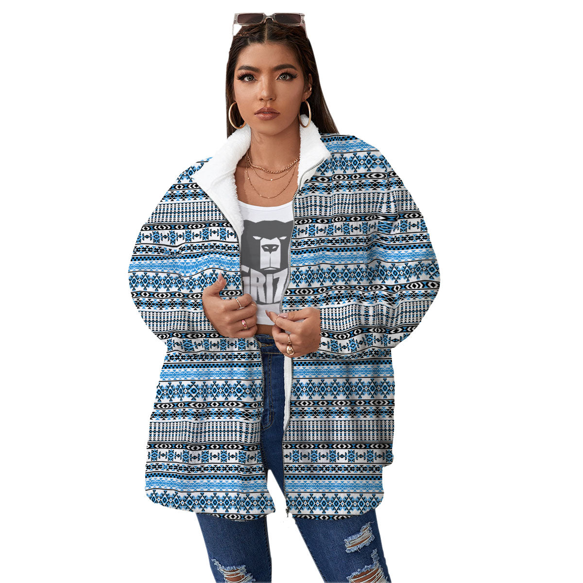 American Aztec Blue Native Print Pattern Women's Sherpa Jacket-grizzshop