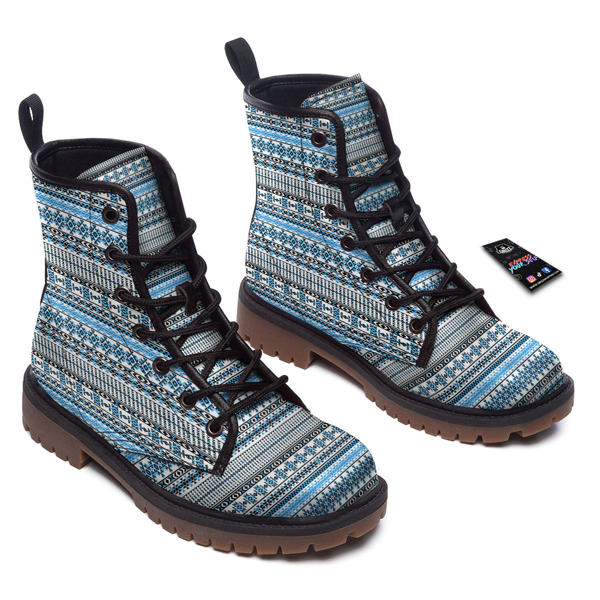 American Aztec Blue Native Print Pattern Work Boots-grizzshop
