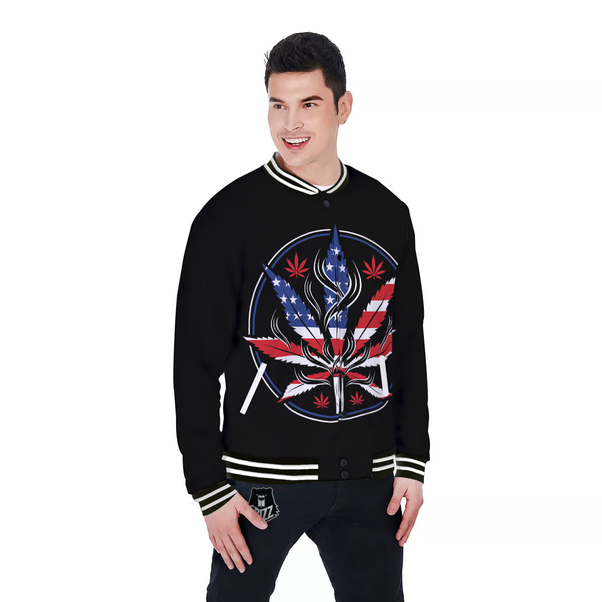 American Cannabis Leaf Flag Print Baseball Jacket-grizzshop
