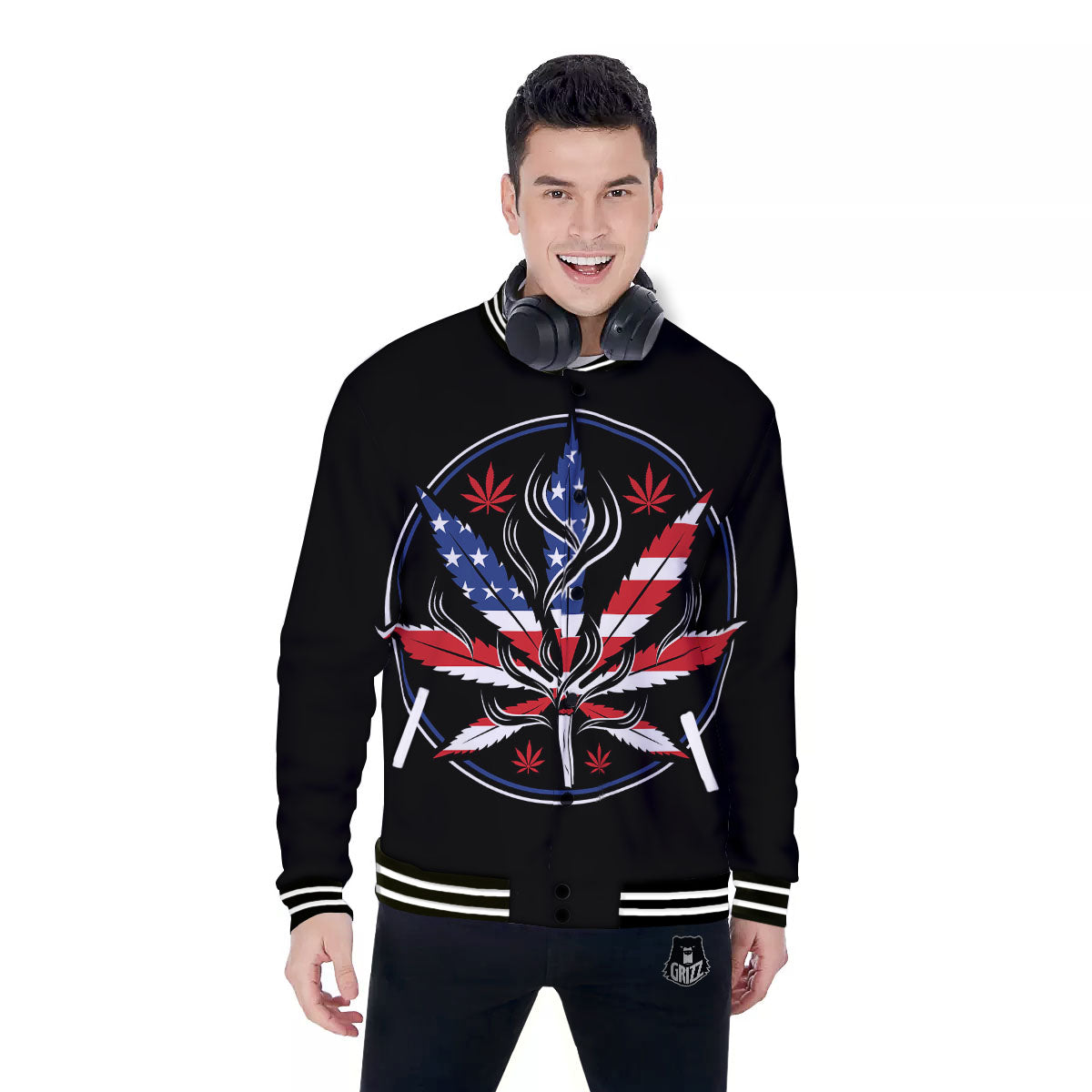 American Cannabis Leaf Flag Print Baseball Jacket-grizzshop