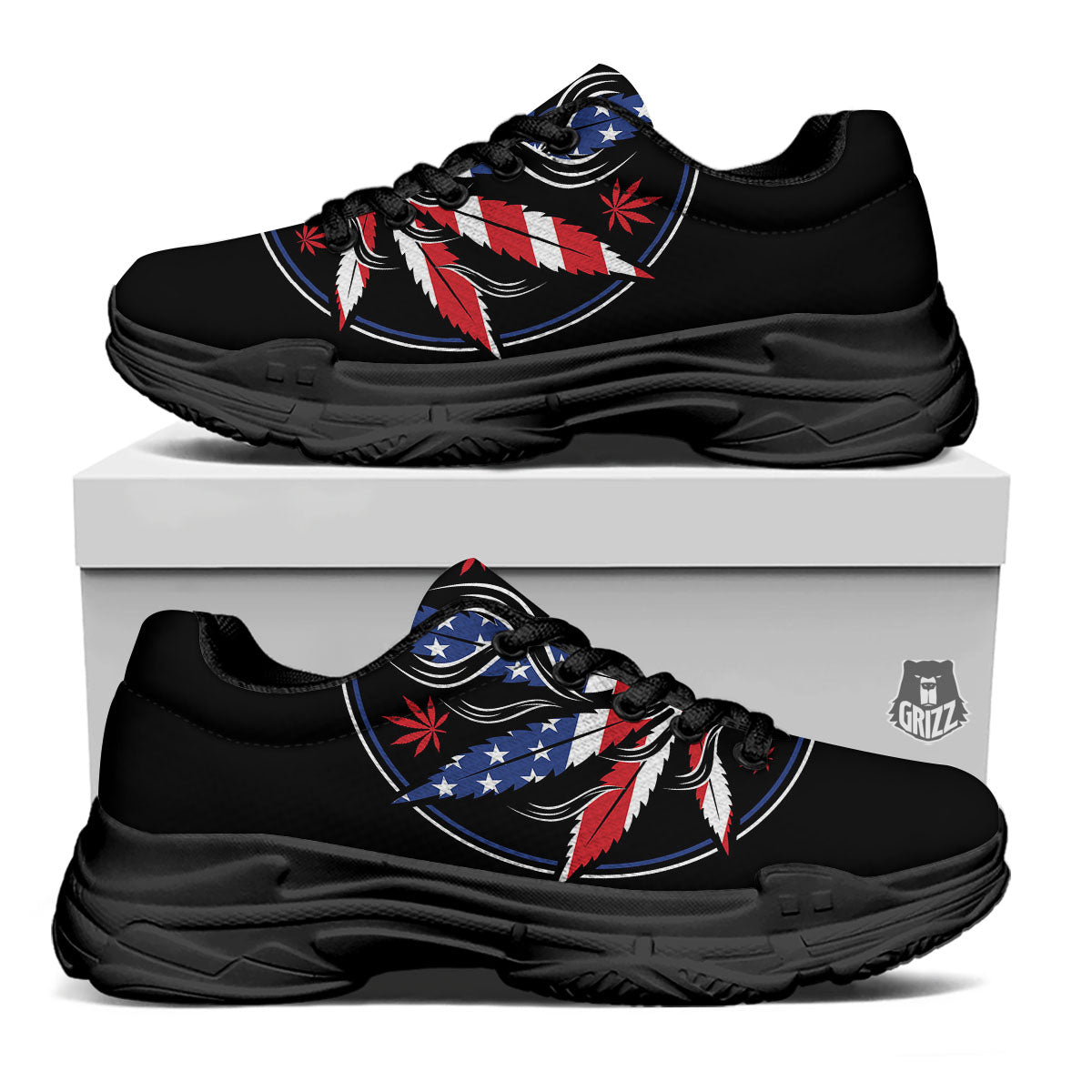 American Cannabis Leaf Flag Print Black Chunky Shoes-grizzshop