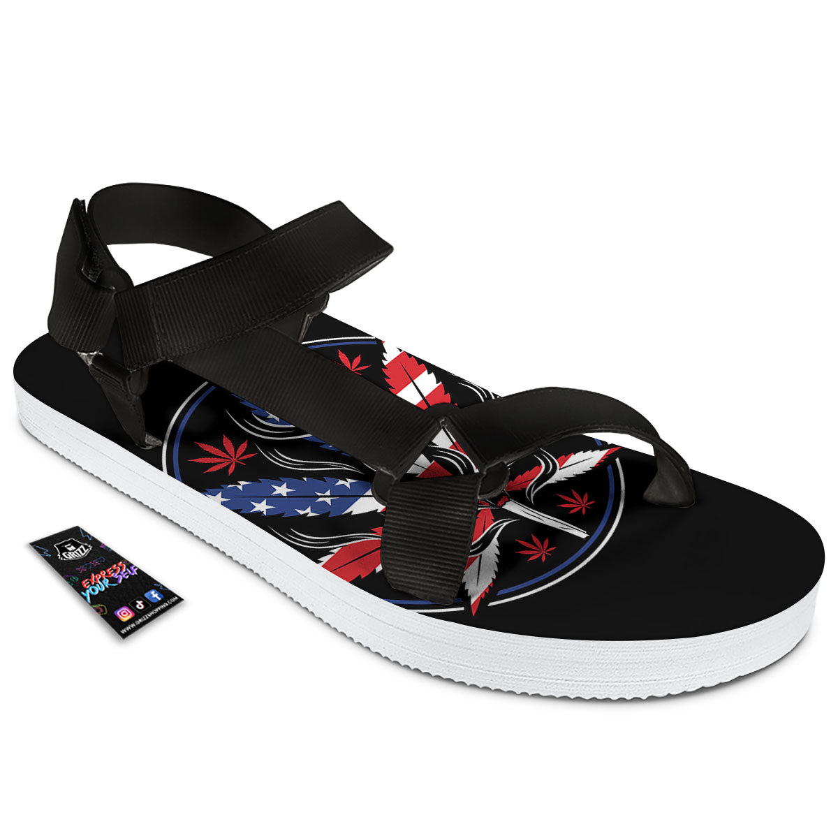 American Cannabis Leaf Flag Print Black Open Toe Sandals-grizzshop