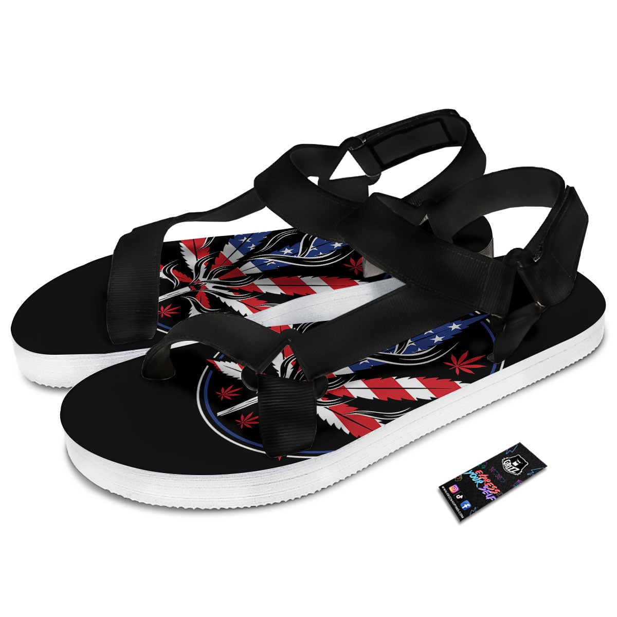 American Cannabis Leaf Flag Print Black Open Toe Sandals-grizzshop