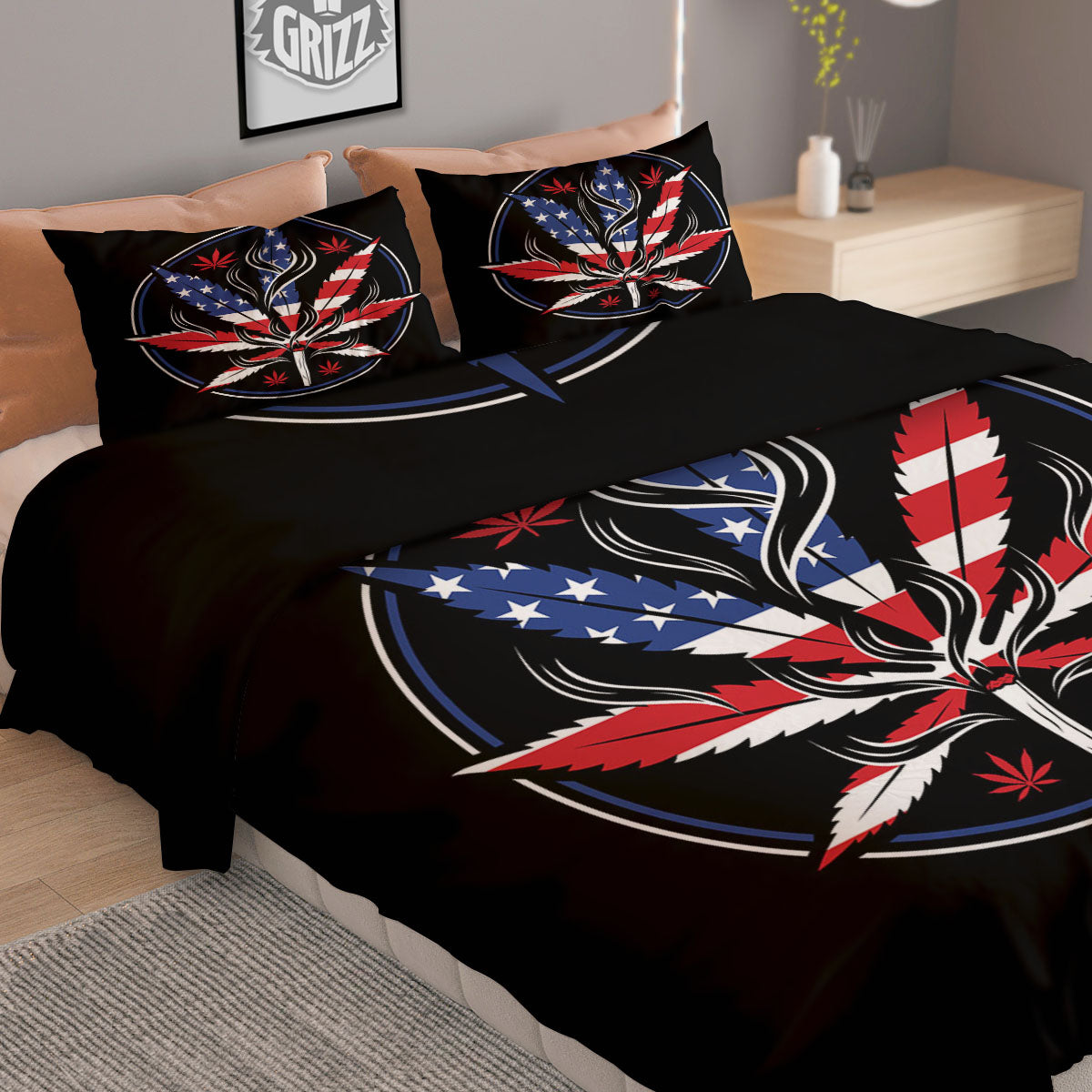 American Cannabis Leaf Flag Print Duvet Cover Bedding Set