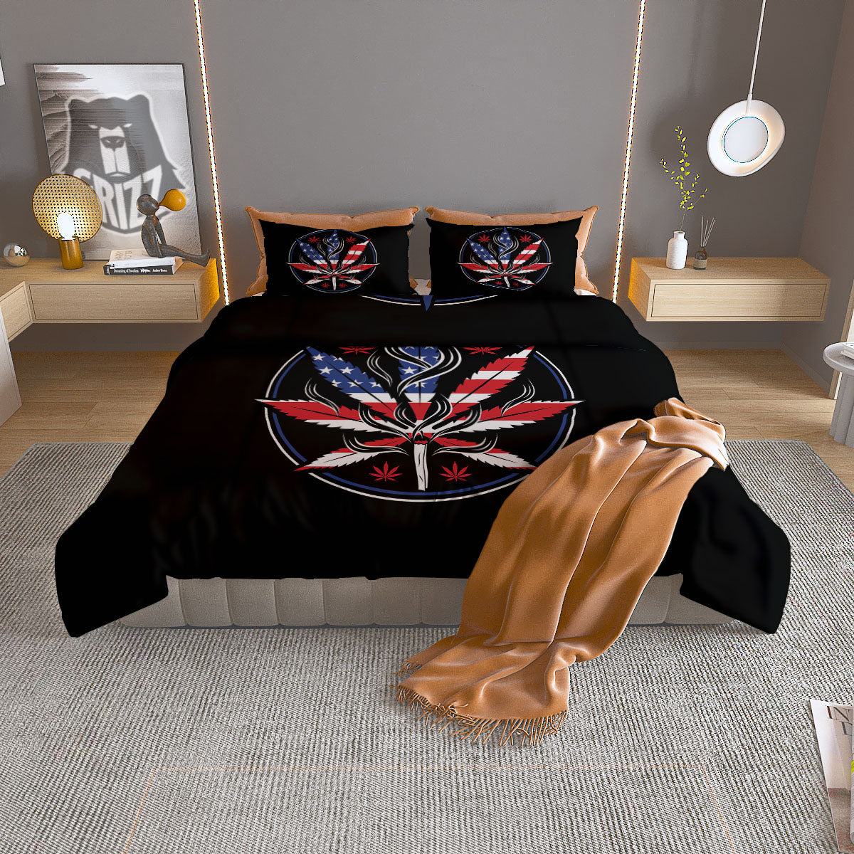 American Cannabis Leaf Flag Print Duvet Cover Bedding Set