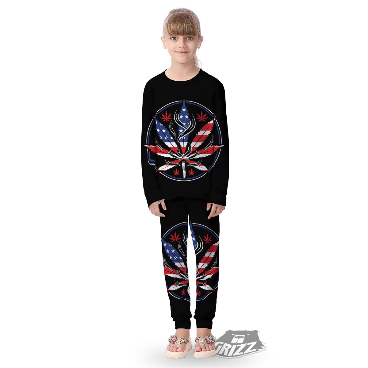 American Cannabis Leaf Flag Print Kid's Pajamas-grizzshop