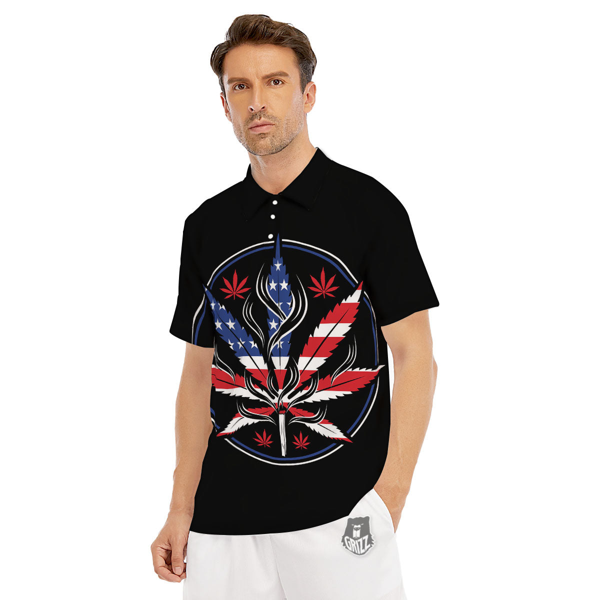 American Cannabis Leaf Flag Print Men's Golf Shirts-grizzshop