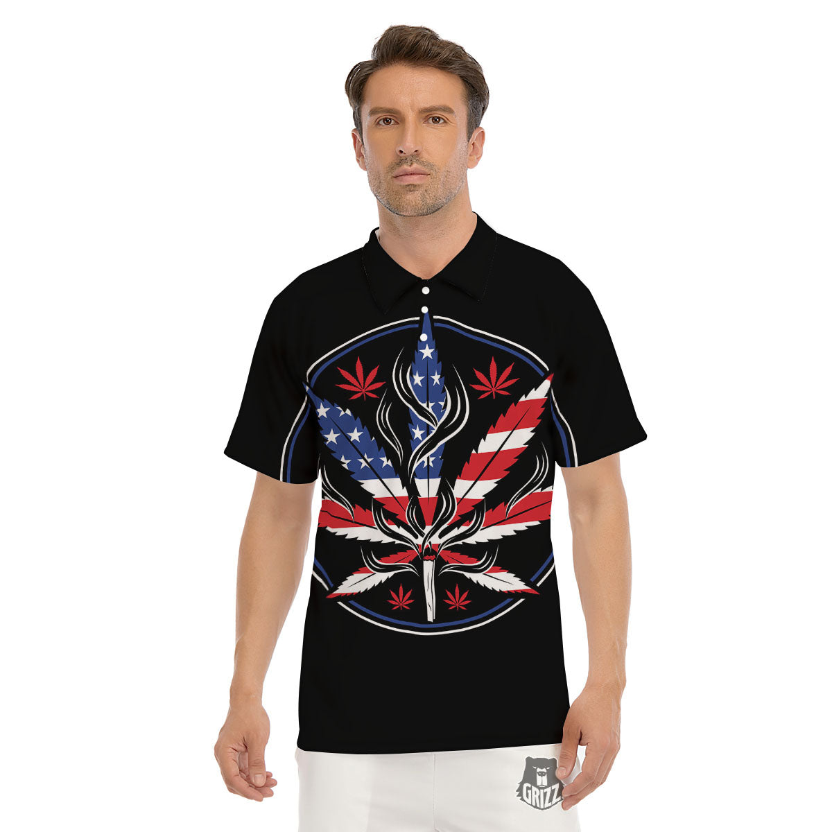 American Cannabis Leaf Flag Print Men's Golf Shirts-grizzshop