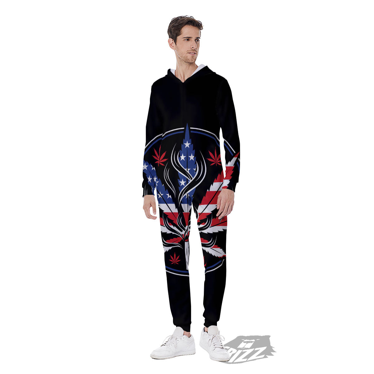 American Cannabis Leaf Flag Print Men's Jumpsuit-grizzshop