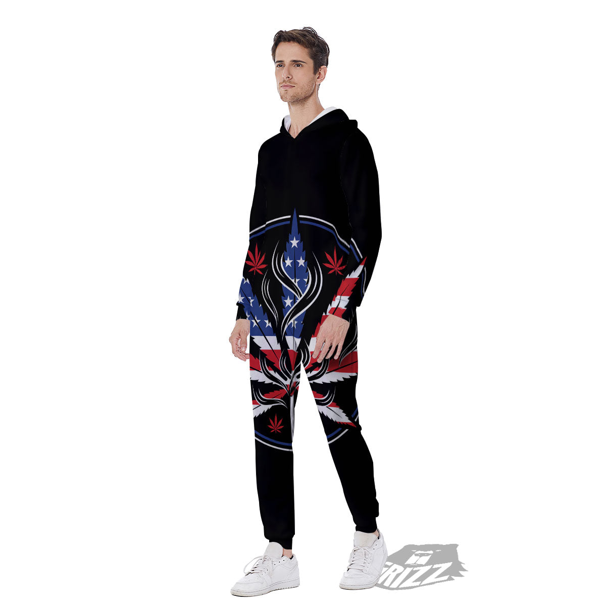 American Cannabis Leaf Flag Print Men's Jumpsuit-grizzshop