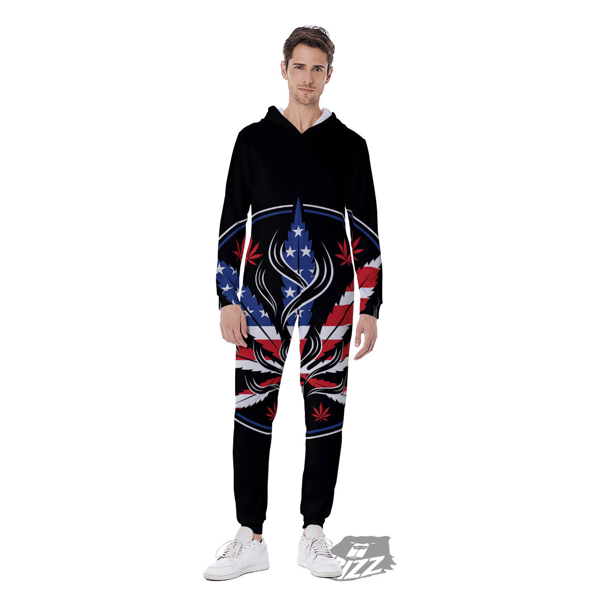 American Cannabis Leaf Flag Print Men's Jumpsuit-grizzshop