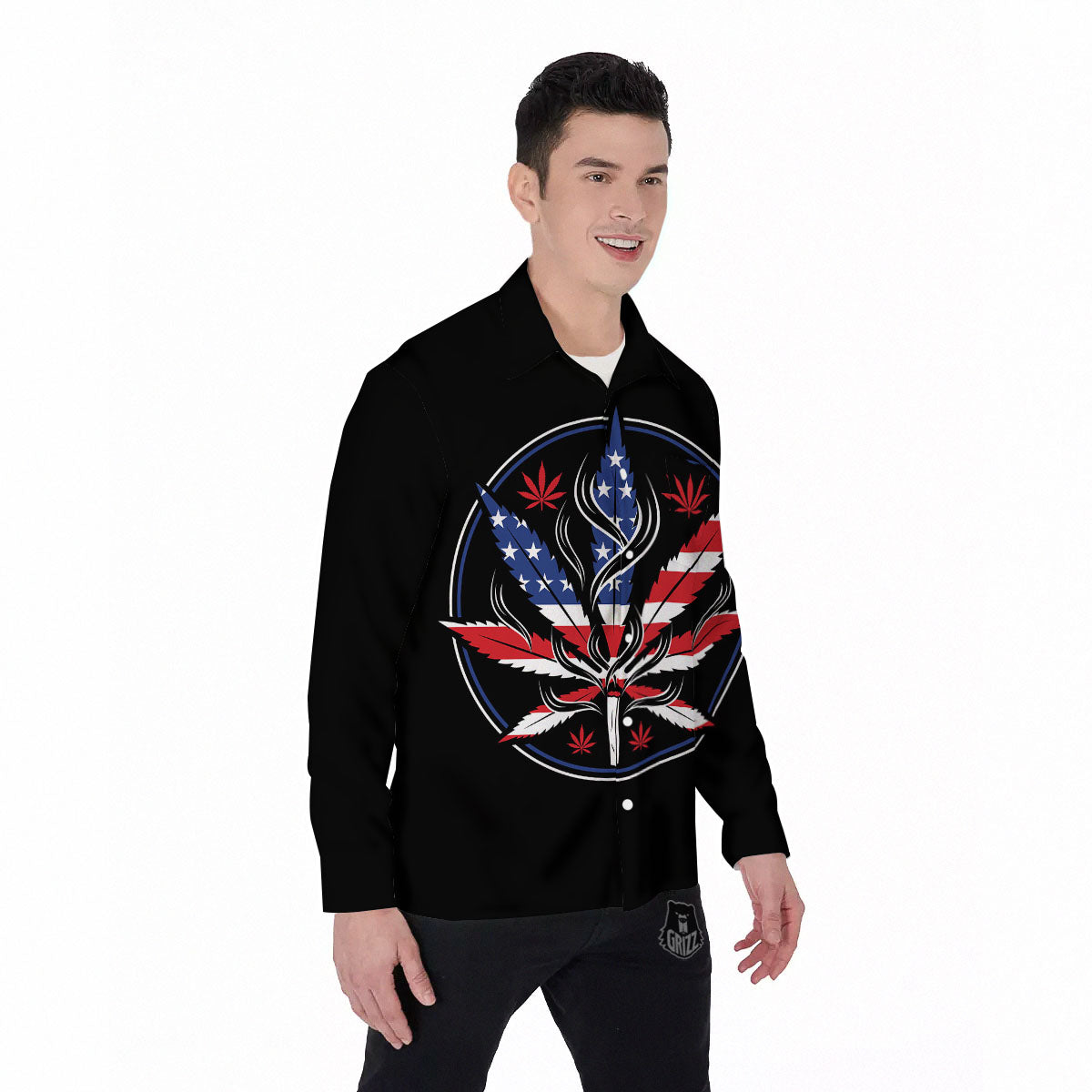 American Cannabis Leaf Flag Print Men's Long Sleeve Shirts-grizzshop