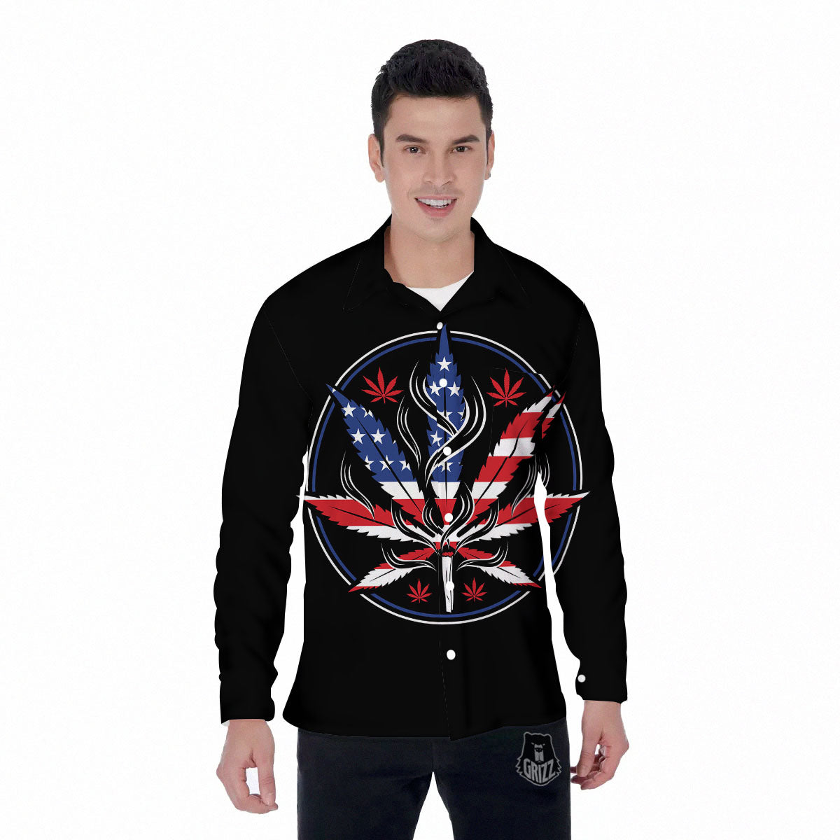 American Cannabis Leaf Flag Print Men's Long Sleeve Shirts-grizzshop