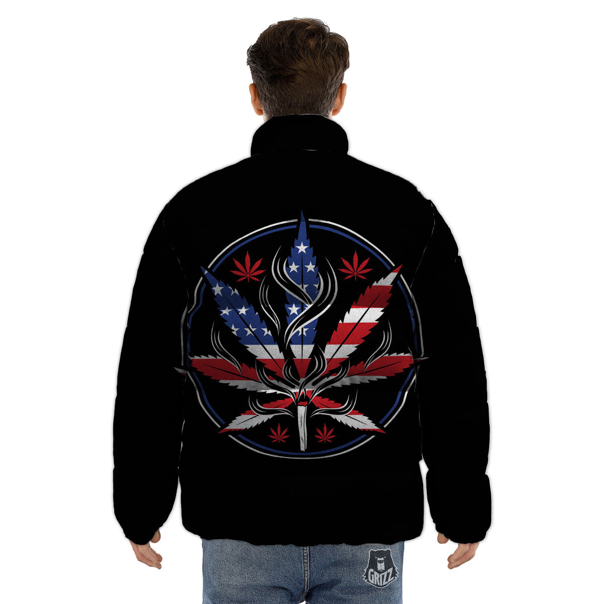 American Cannabis Leaf Flag Print Puffer Jacket-grizzshop