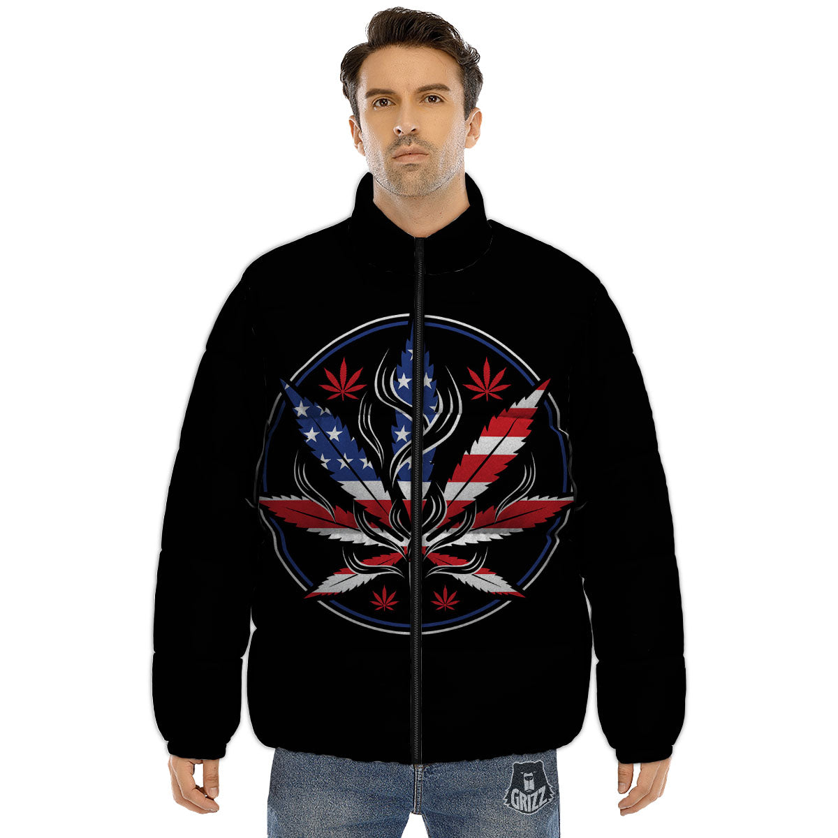 American Cannabis Leaf Flag Print Puffer Jacket-grizzshop
