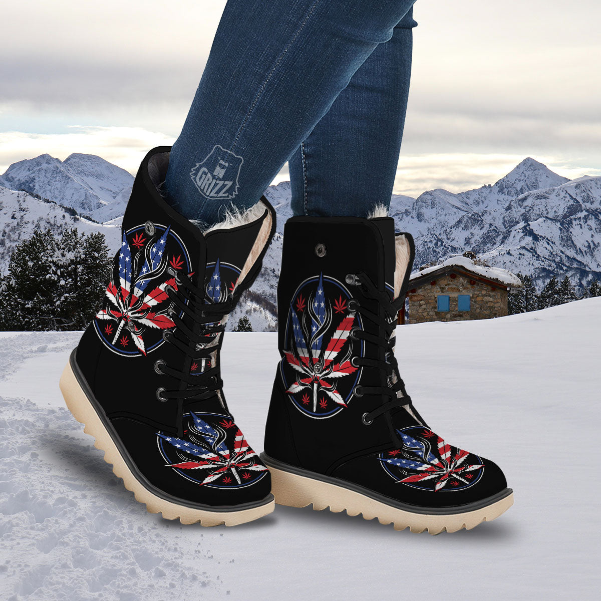 American Cannabis Leaf Flag Print Snow Boots-grizzshop