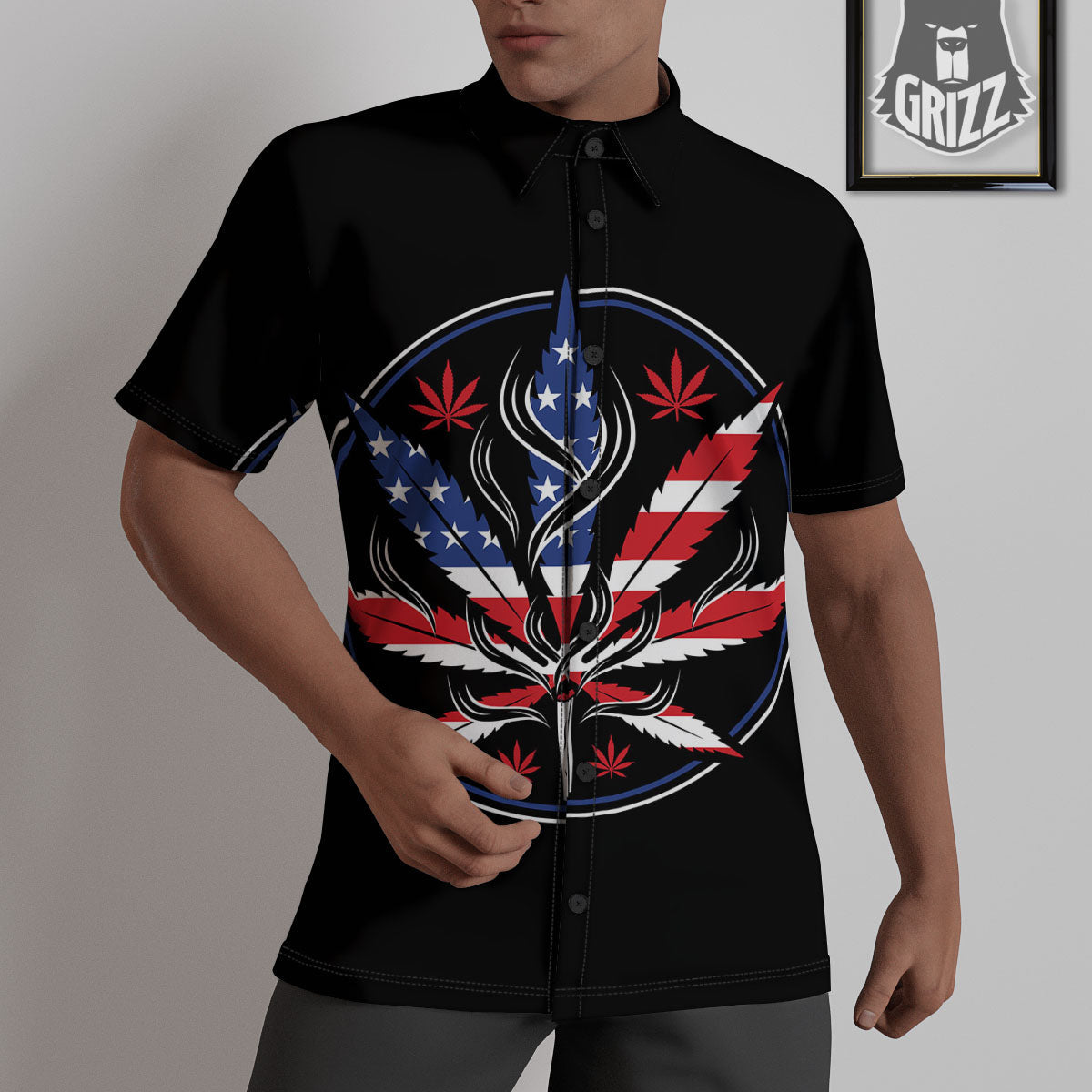 American Cannabis Leaf Flag Print Untucked Shirts-grizzshop
