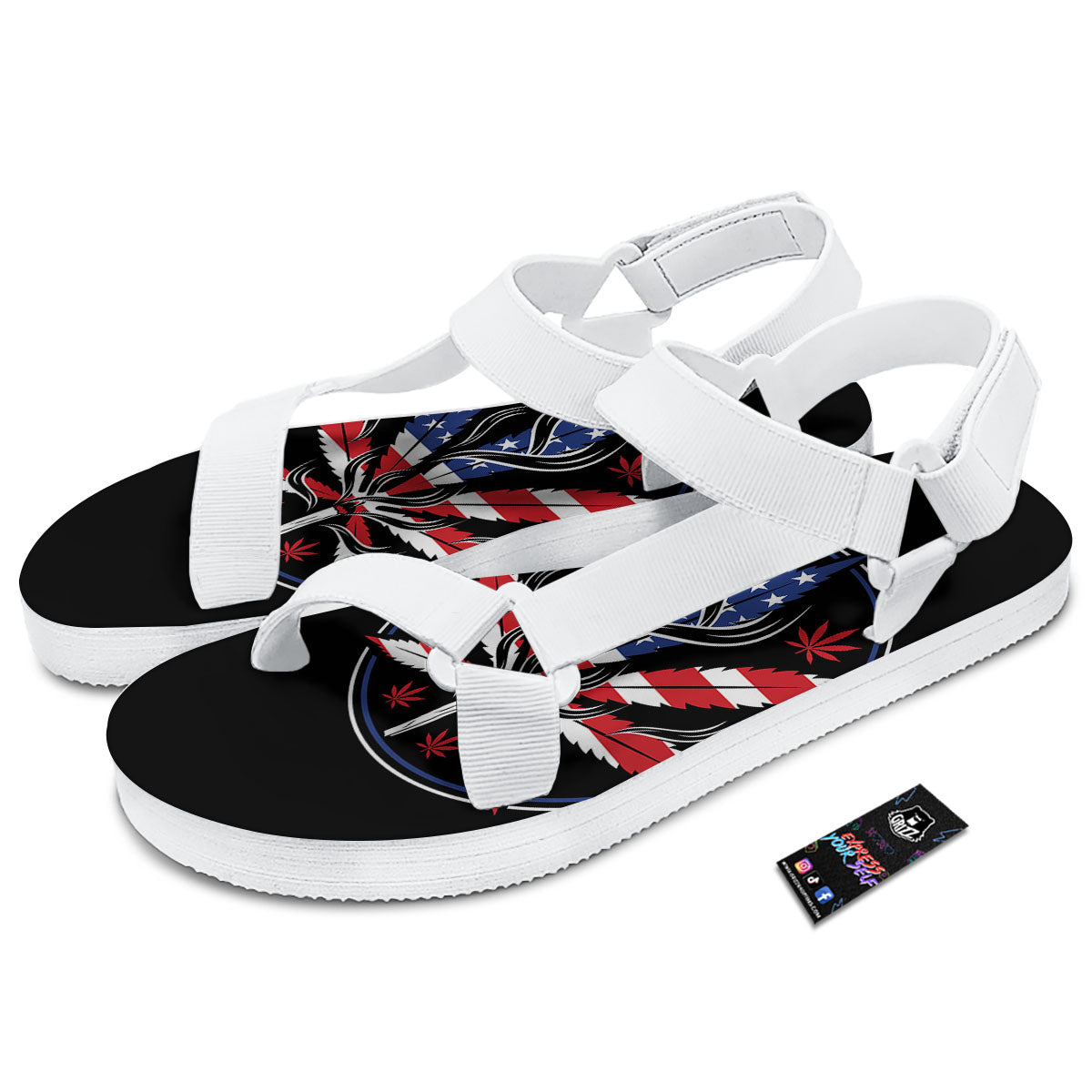 American Cannabis Leaf Flag Print White Open Toe Sandals-grizzshop