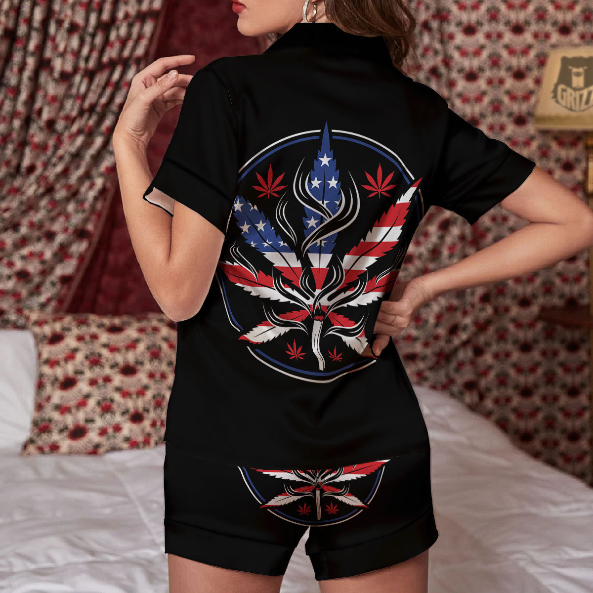 American Cannabis Leaf Flag Print Women Silk Pajamas-grizzshop