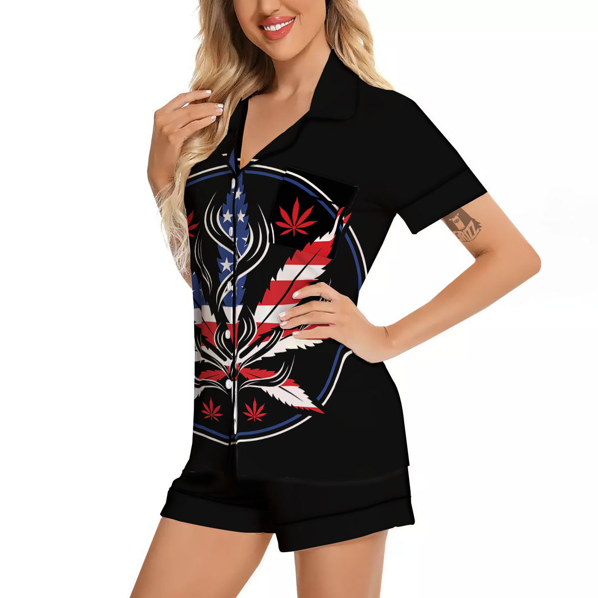 American Cannabis Leaf Flag Print Women Silk Pajamas-grizzshop