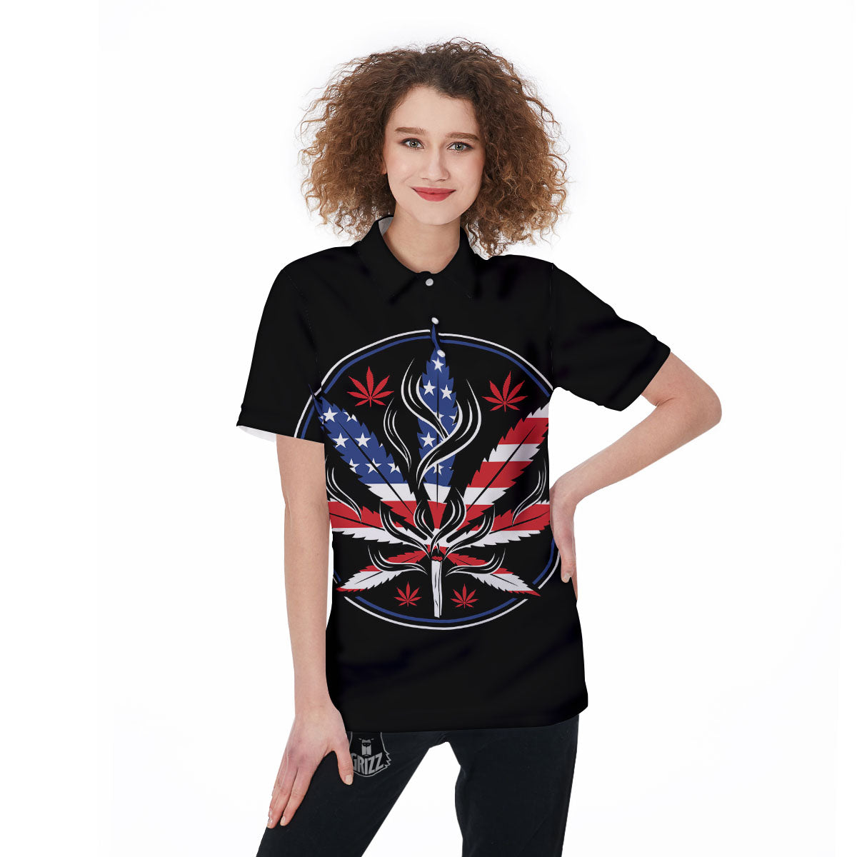 American Cannabis Leaf Flag Print Women's Golf Shirts-grizzshop