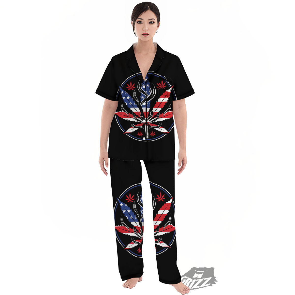 American Cannabis Leaf Flag Print Women's Pajamas Set-grizzshop