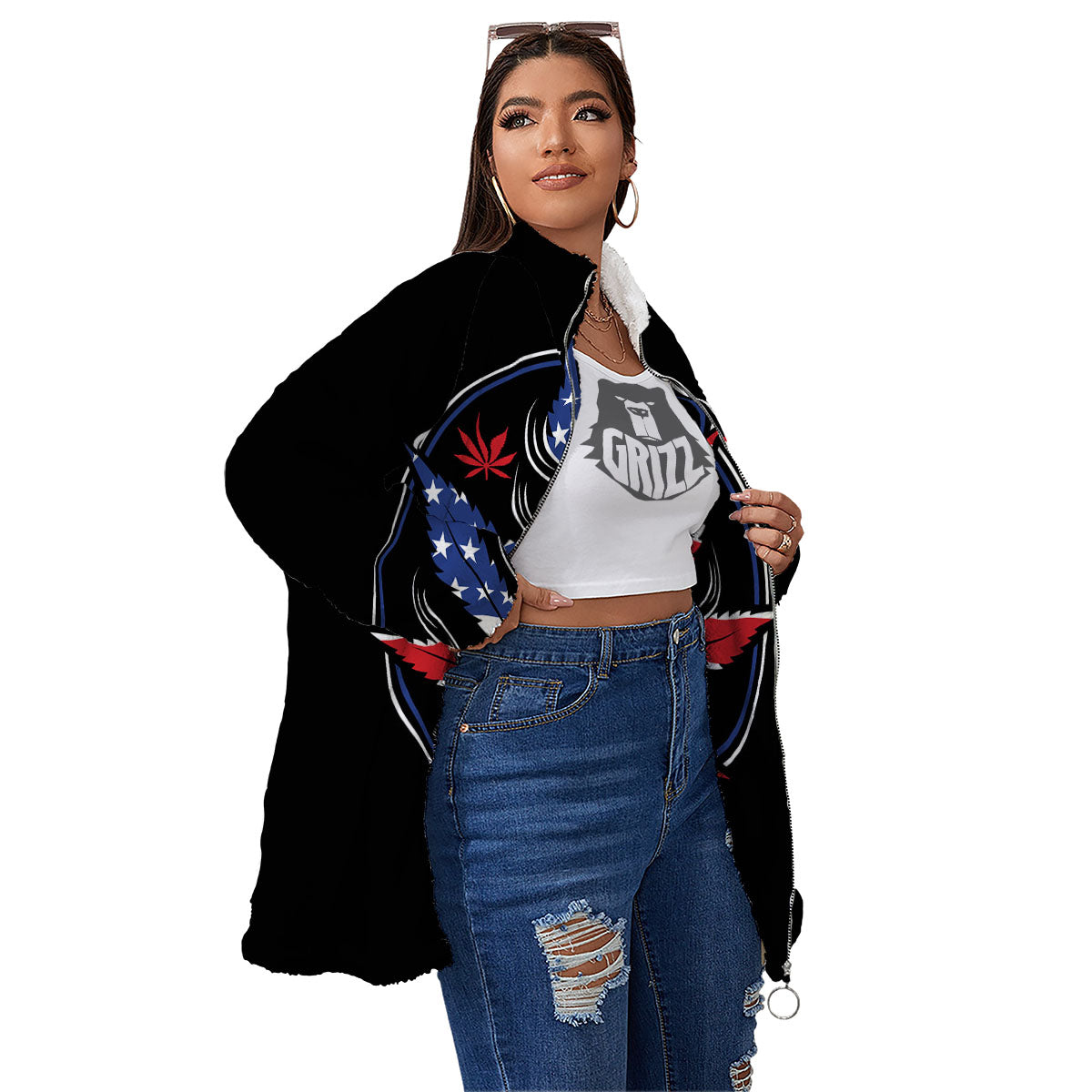 American Cannabis Leaf Flag Print Women's Sherpa Jacket-grizzshop