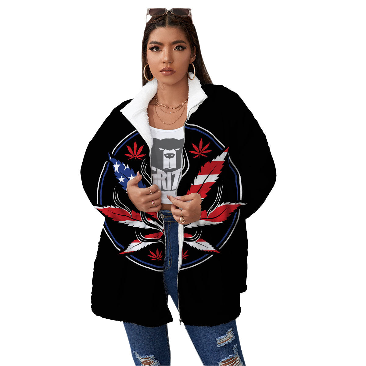 American Cannabis Leaf Flag Print Women's Sherpa Jacket-grizzshop