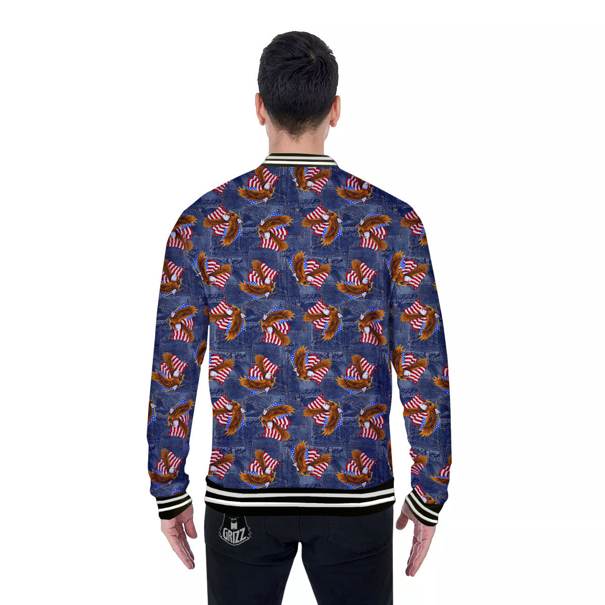 American Eagle Denim Print Pattern Baseball Jacket-grizzshop