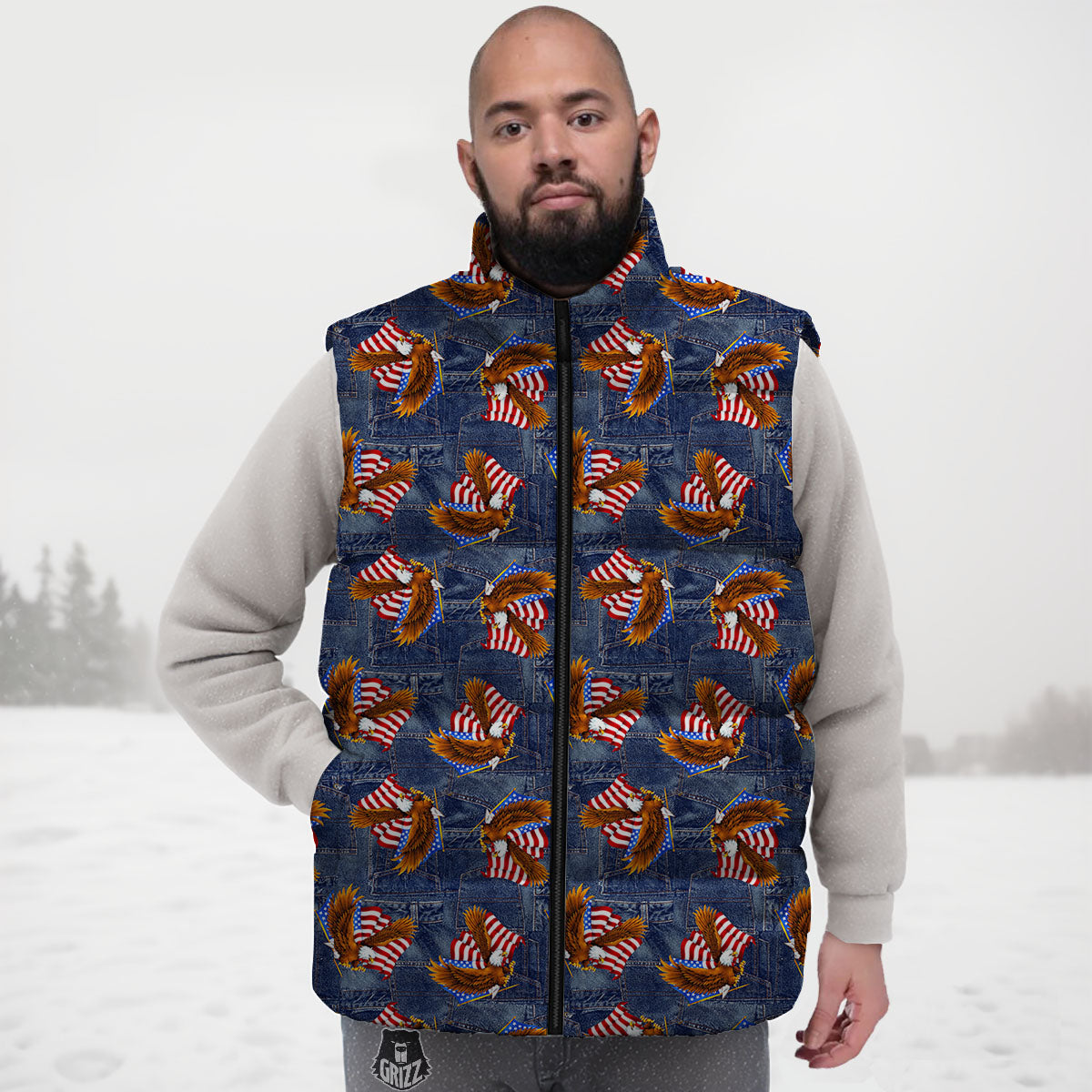 American Eagle Denim Print Pattern Down Vest