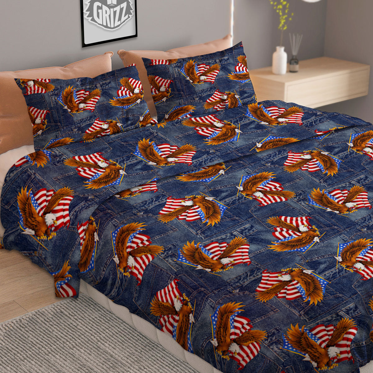 American Eagle Denim Print Pattern Duvet Cover Bedding Set