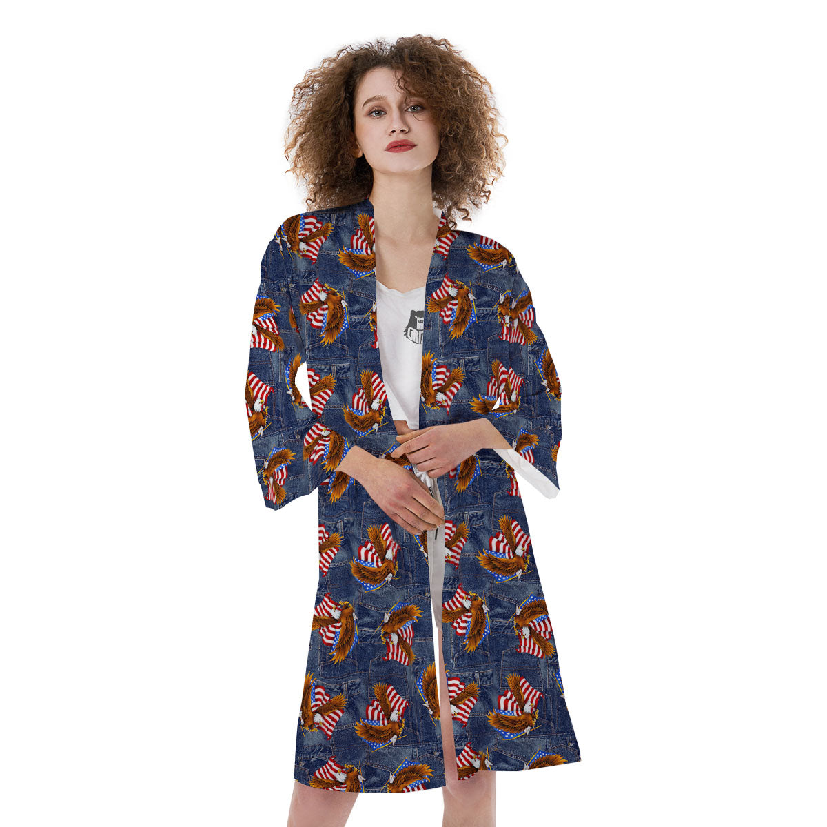 American Eagle Denim Print Pattern Kimono-grizzshop
