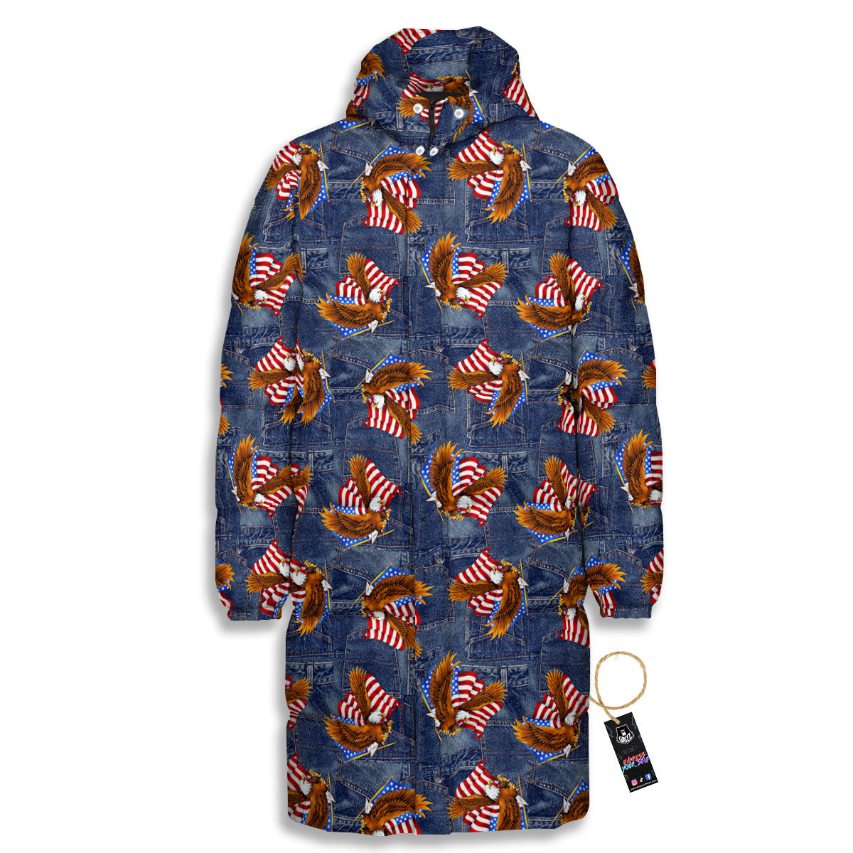 American Eagle Denim Print Pattern Long Down Jacket-grizzshop
