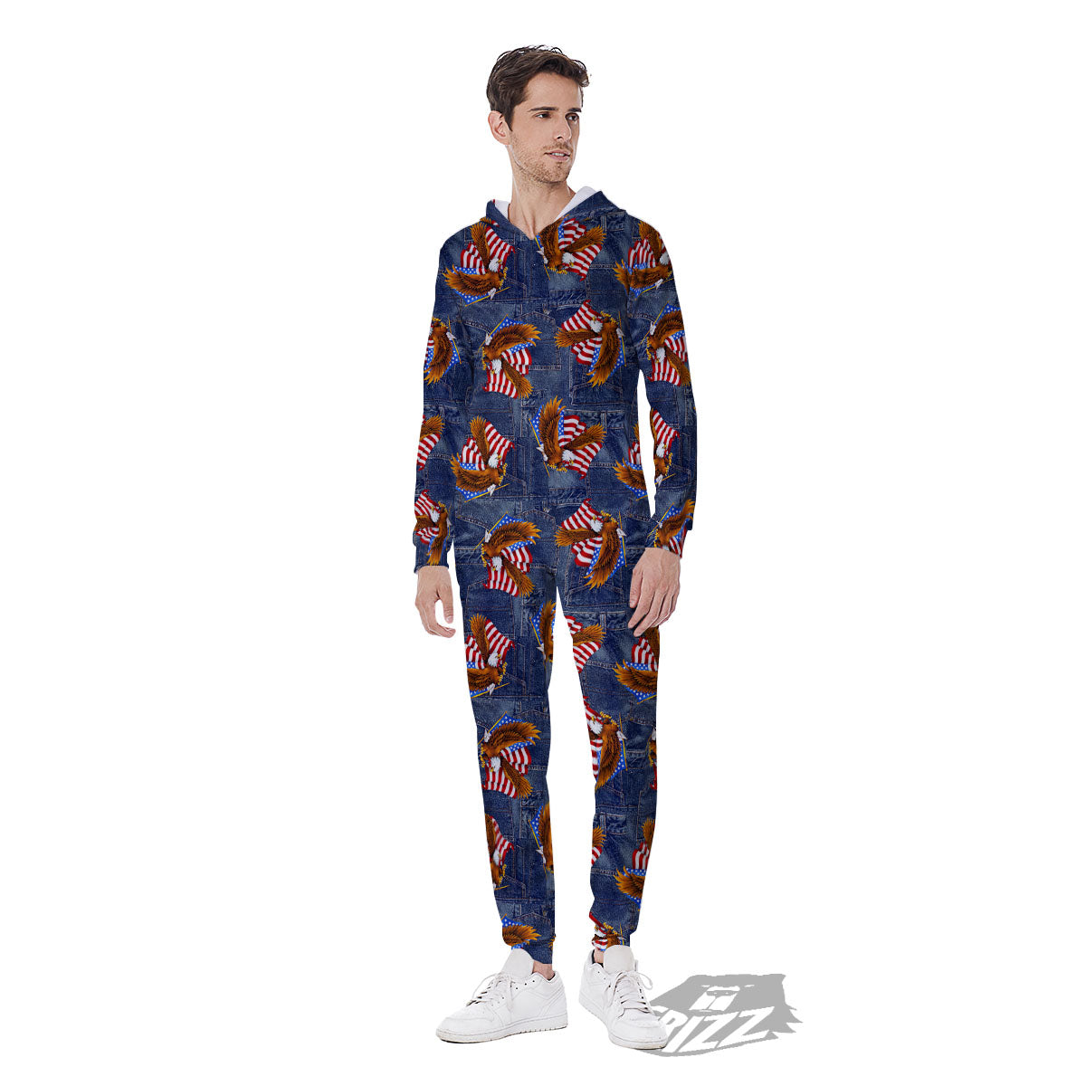 American Eagle Denim Print Pattern Men's Jumpsuit-grizzshop
