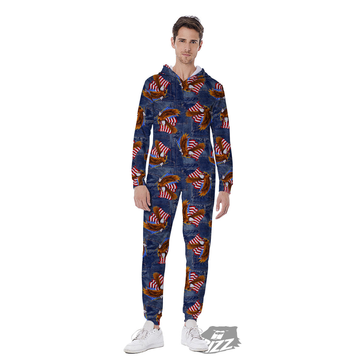 American Eagle Denim Print Pattern Men's Jumpsuit-grizzshop