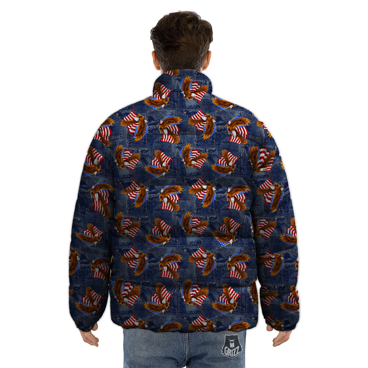 American Eagle Denim Print Pattern Puffer Jacket-grizzshop