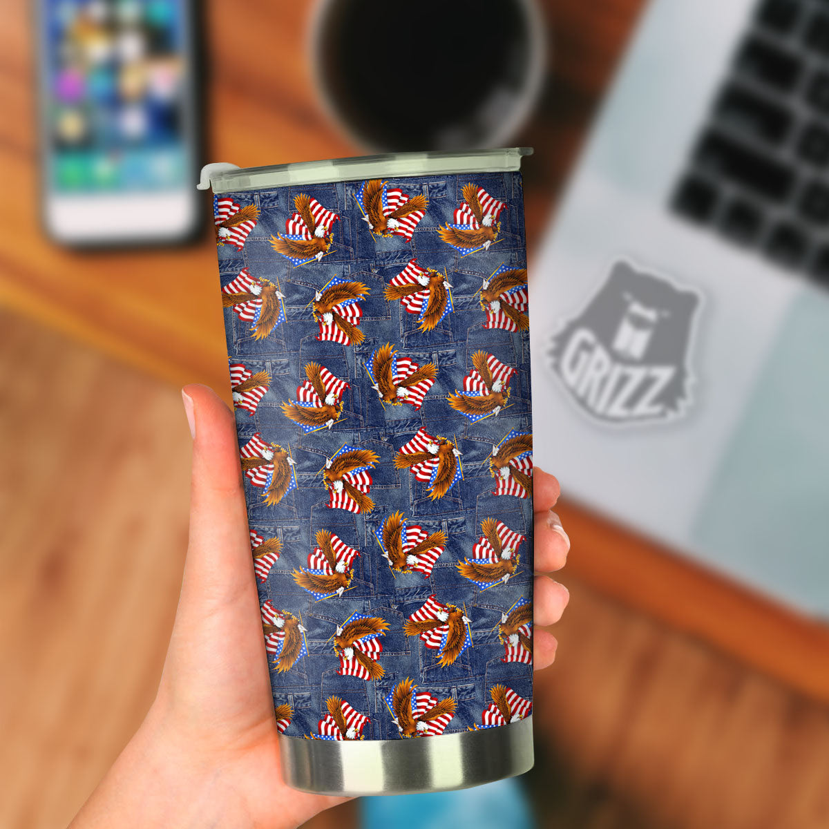 American Eagle Denim Print Pattern Tumbler-grizzshop