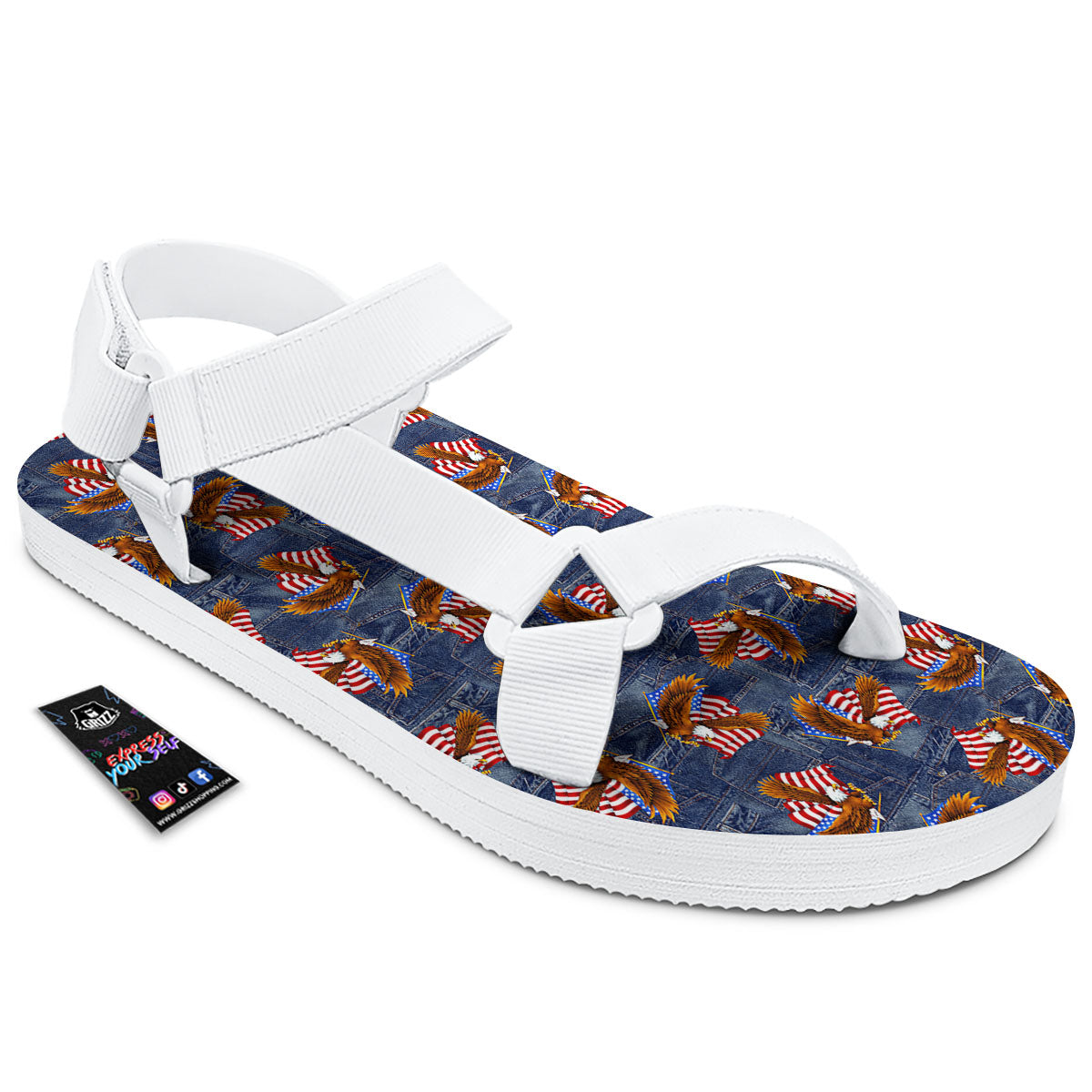 American Eagle Denim Print Pattern White Open Toe Sandals-grizzshop