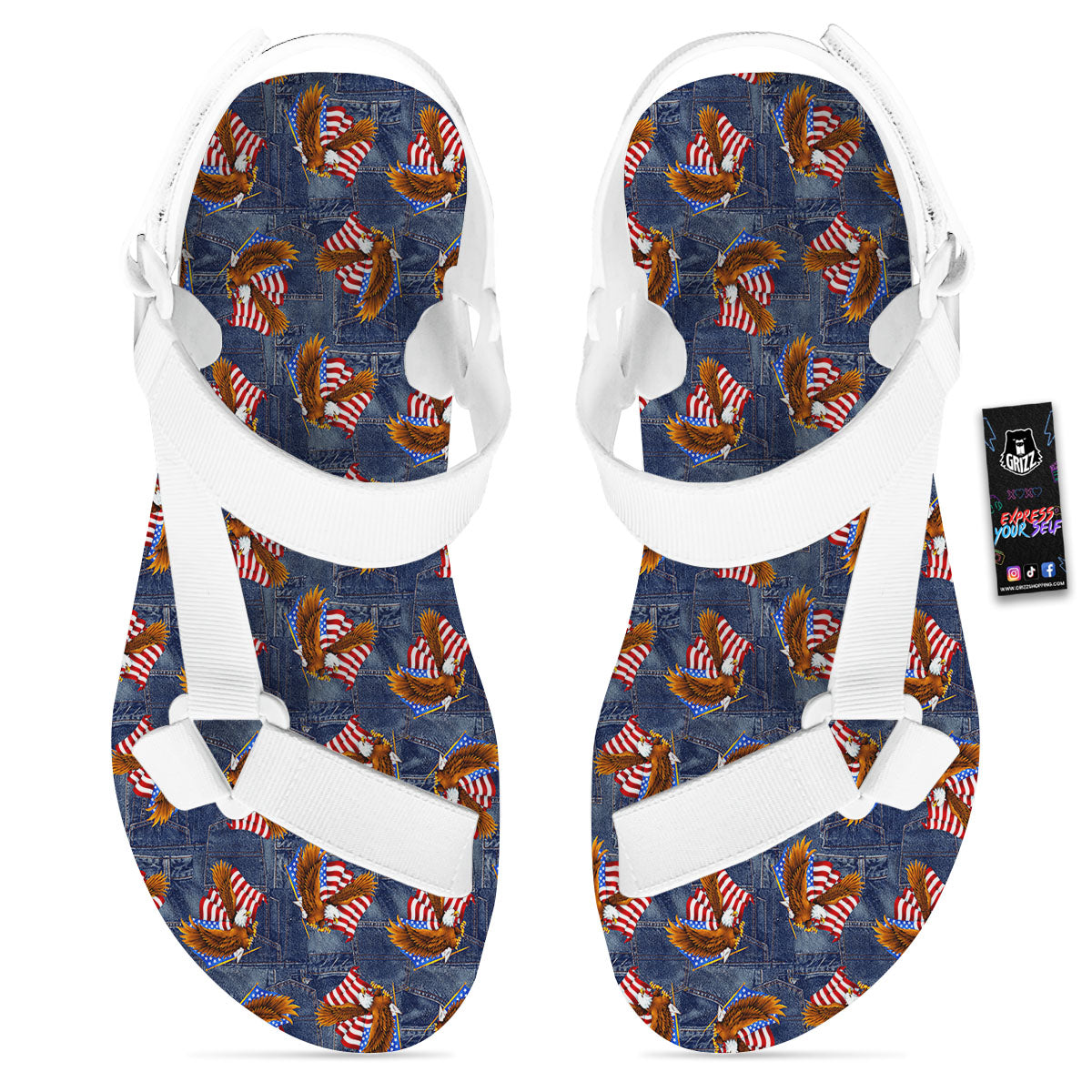 American Eagle Denim Print Pattern White Open Toe Sandals-grizzshop