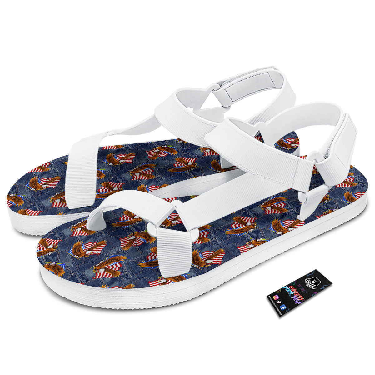 American Eagle Denim Print Pattern White Open Toe Sandals-grizzshop