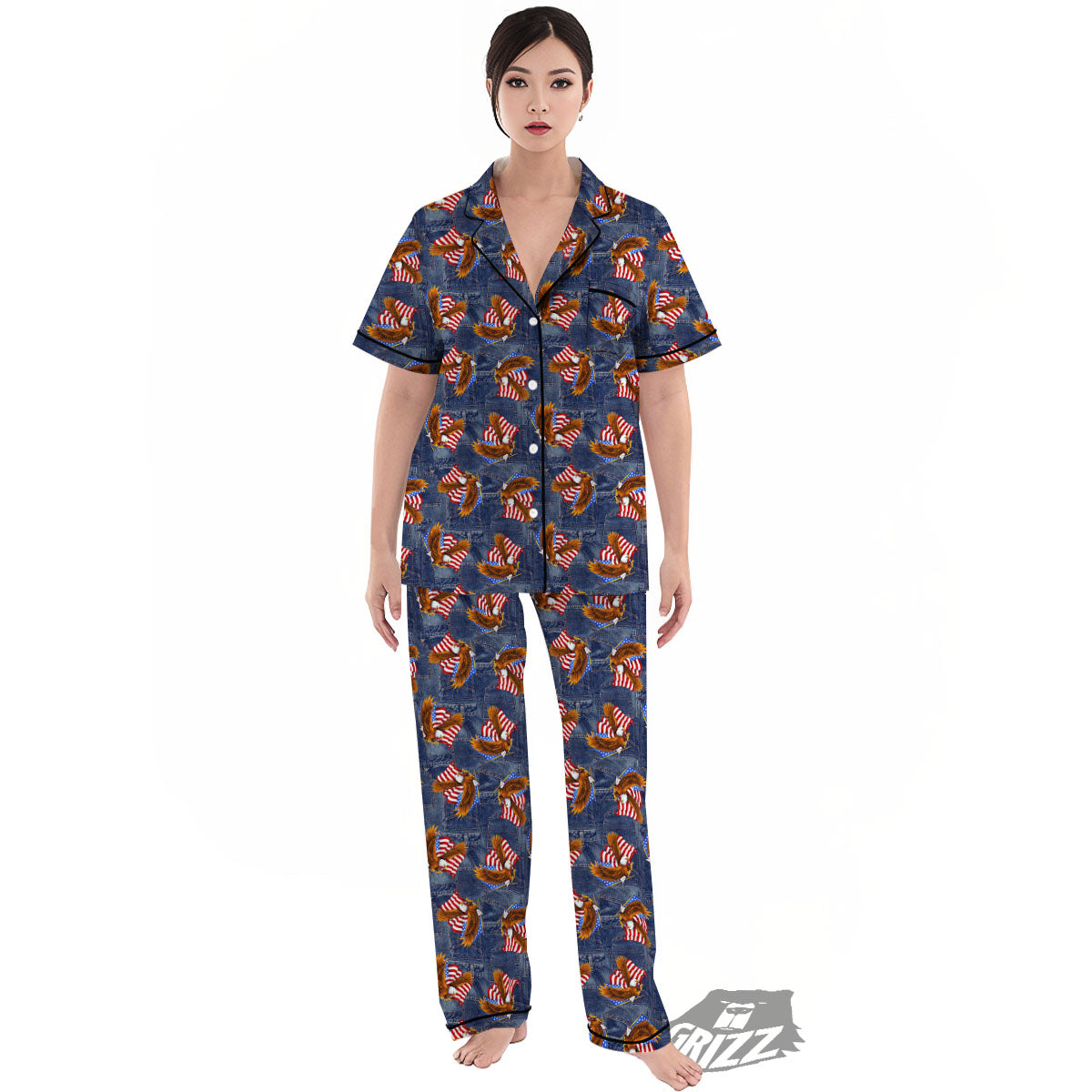 American Eagle Denim Print Pattern Women's Pajamas Set-grizzshop