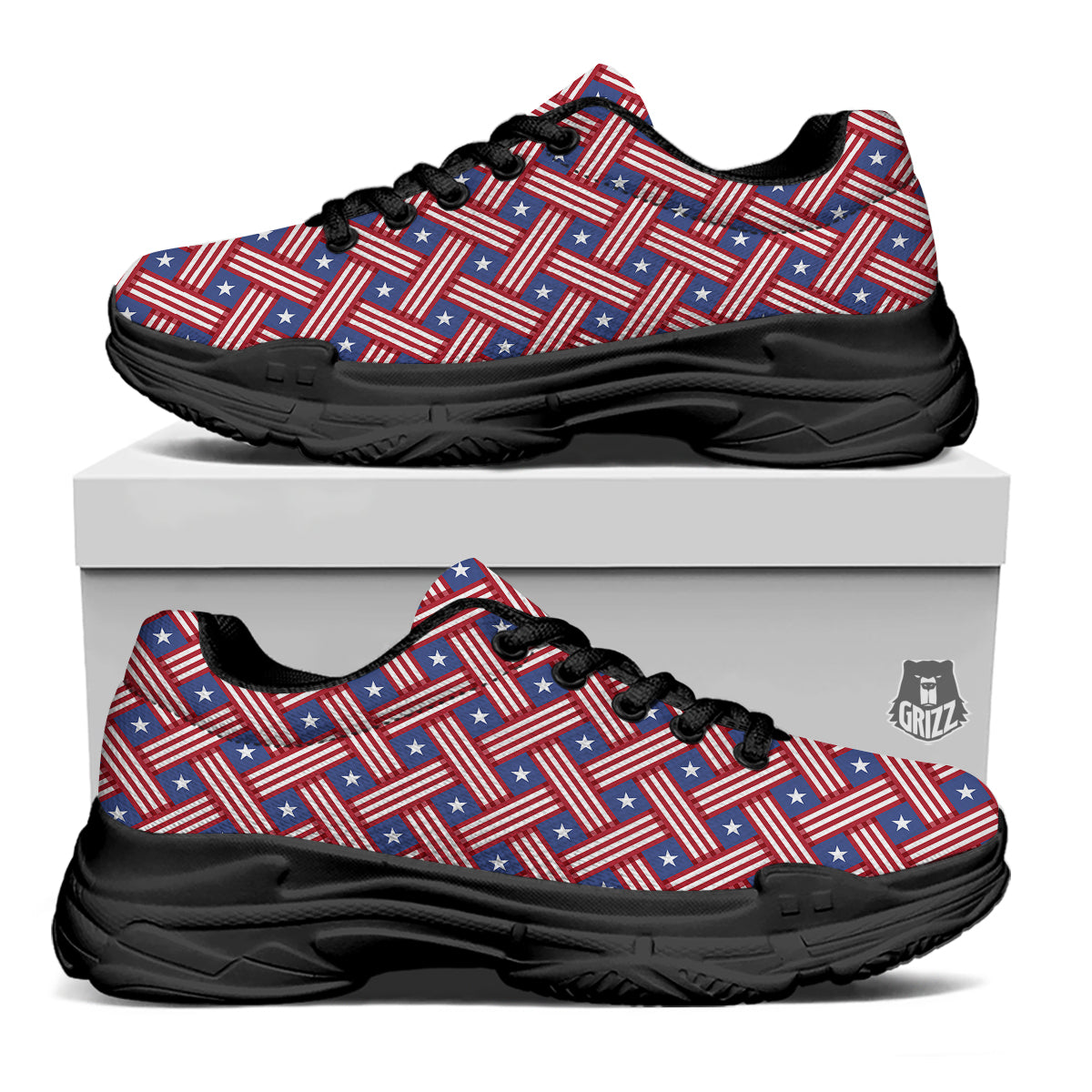 American Flag 4th of July Print Pattern Black Chunky Shoes-grizzshop