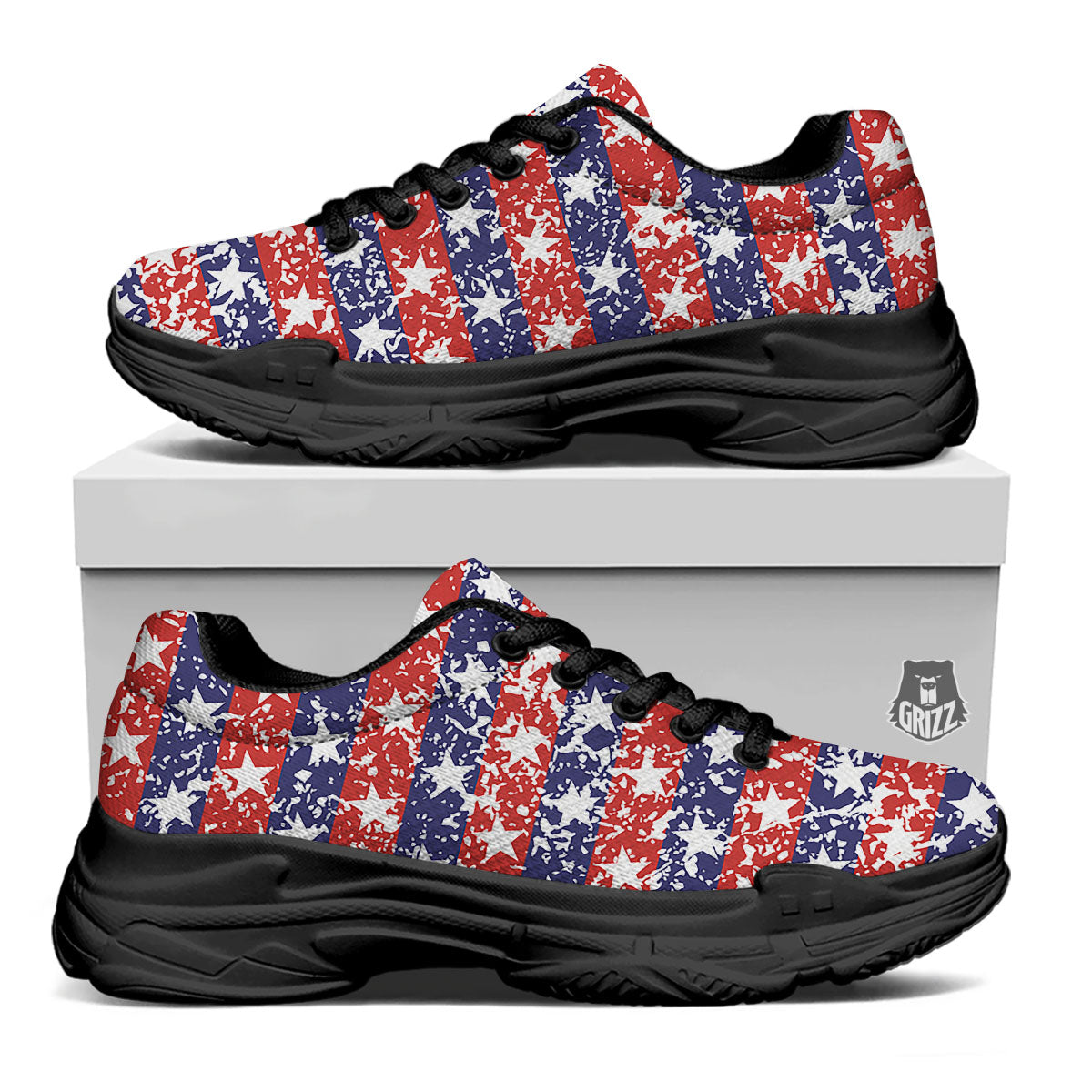 American Flag Abstract Print Black Chunky Shoes-grizzshop