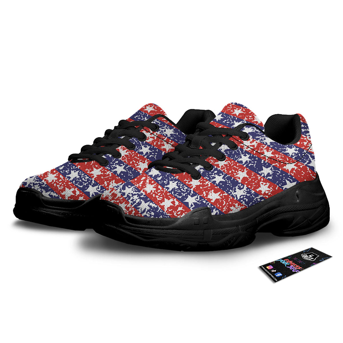 American Flag Abstract Print Black Chunky Shoes-grizzshop