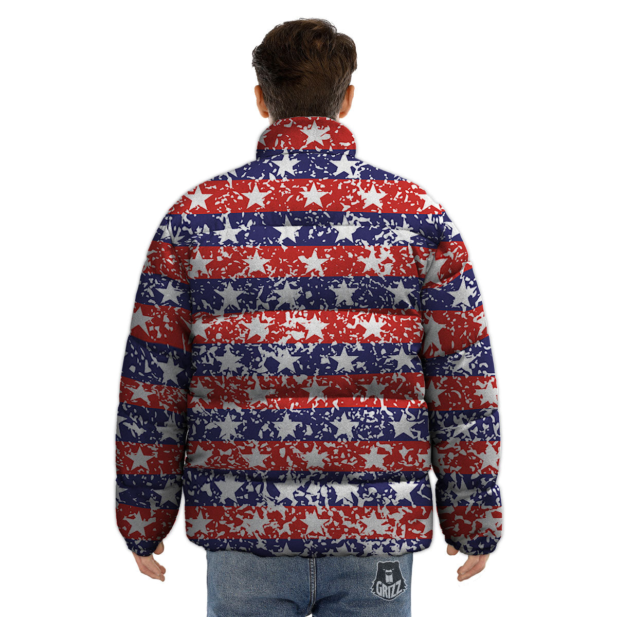 American Flag Abstract Print Puffer Jacket-grizzshop