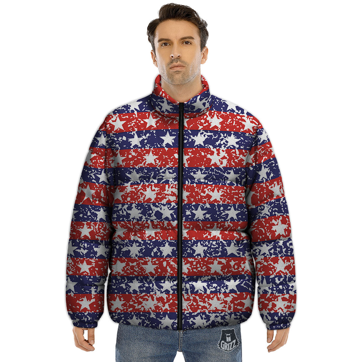 American Flag Abstract Print Puffer Jacket-grizzshop