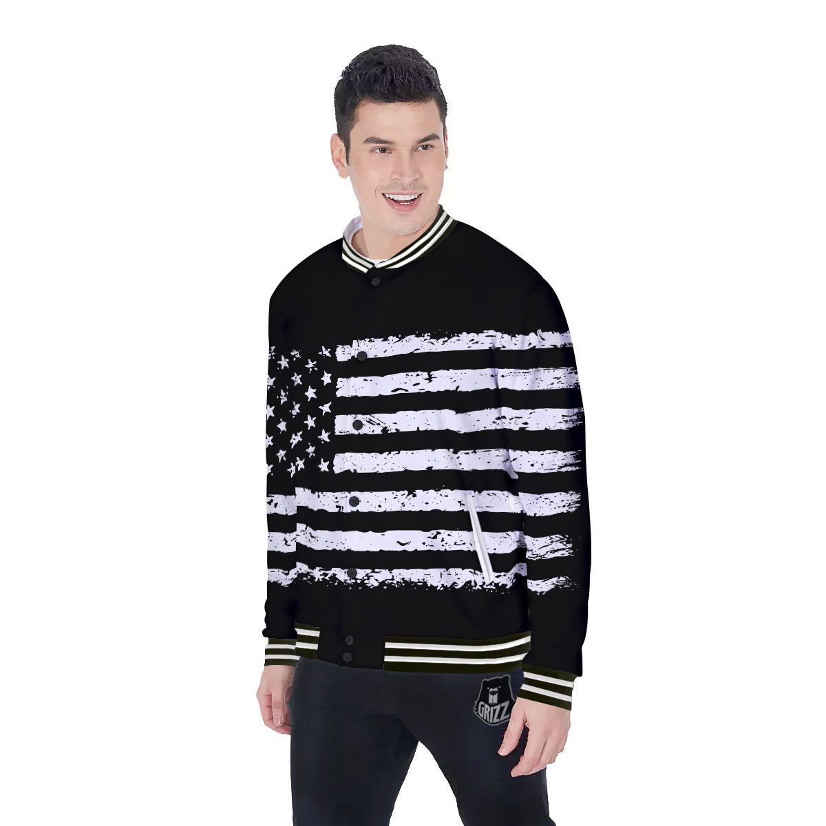 American Flag Black Print Baseball Jacket-grizzshop