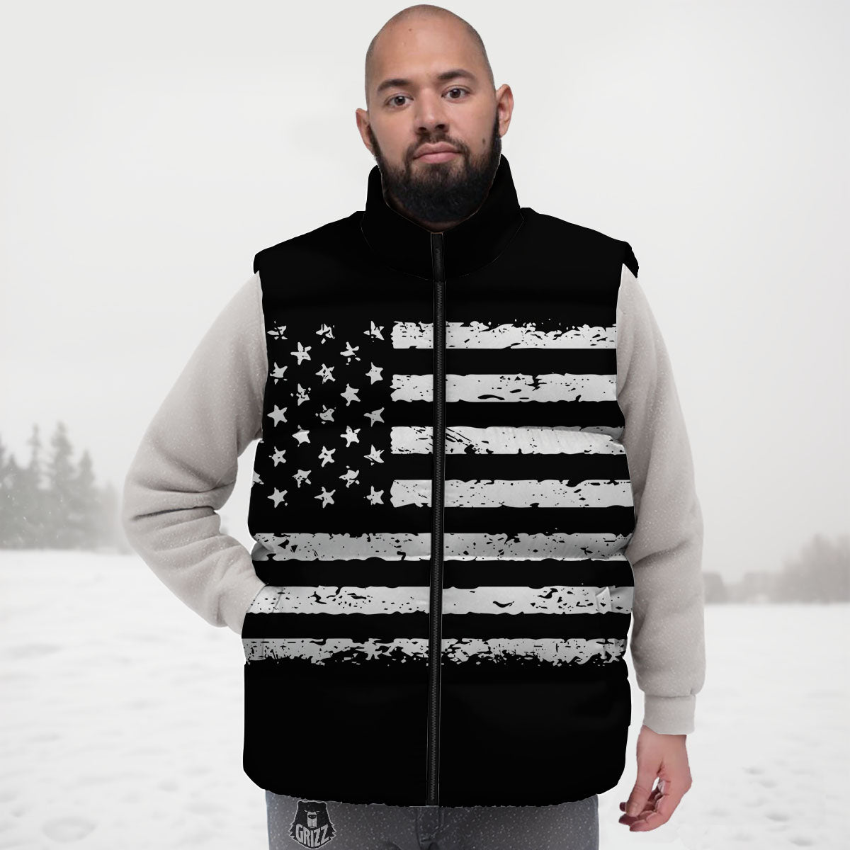 American Flag Black Print Down Vest