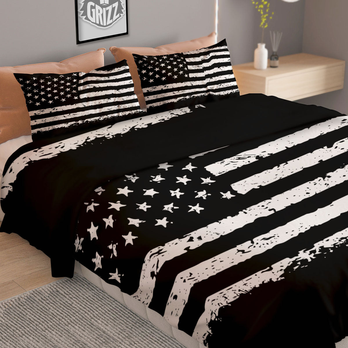 American Flag Black Print Duvet Cover Bedding Set