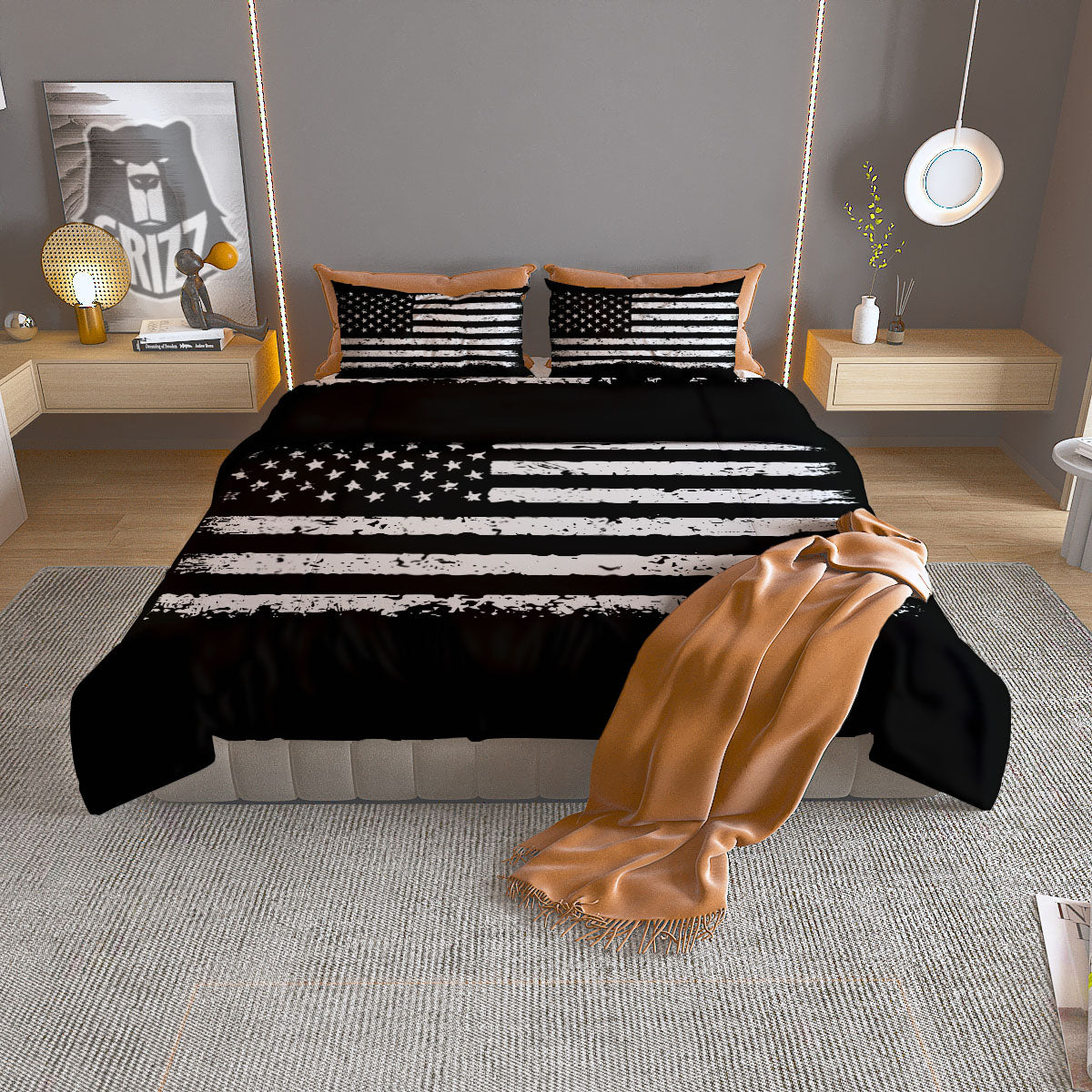 American Flag Black Print Duvet Cover Bedding Set